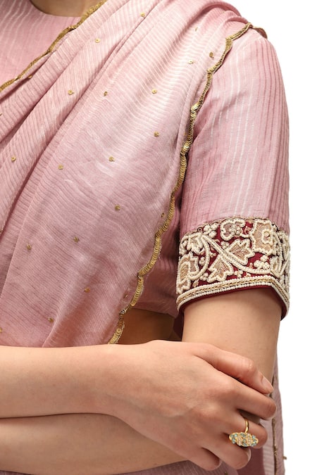 Shop Mimamsaa Pink Chiffon, Muslin, Yukta Embroidered Saree With Running Blouse Piece Shop_Mimamsaa_Pink Chiffon, Muslin, Yukta Embroidered Saree With Running Blouse Piece