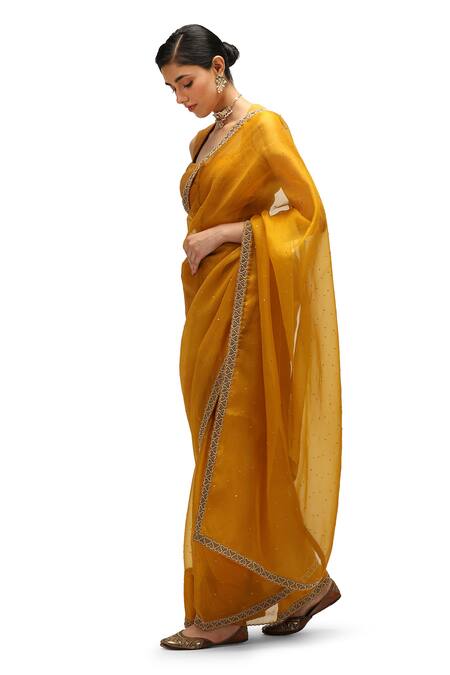 Shop Mimamsaa Yellow Organza, , Chanderi Kanak Heart Swerve Border Saree With Blouse Online at Aza Fashions Shop_Mimamsaa_Yellow Organza, , Chanderi Kanak Heart Swerve Border Saree With Blouse _Online_at_Aza_Fashions