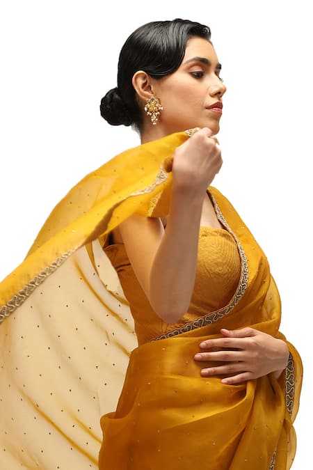 Shop Mimamsaa Yellow Chanderi Silk Embroidery Jaal Sweetheart Neck Kanak Blouse at Aza Fashions Shop_Mimamsaa_Yellow Chanderi Silk Embroidery Jaal Sweetheart Neck Kanak Blouse _at_Aza_Fashions