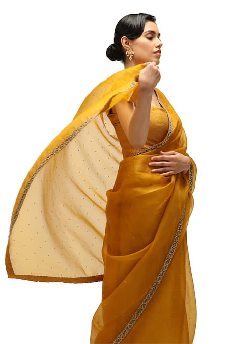 Shop Mimamsaa Yellow Chanderi Silk, Kanak Heart Swerve Border Saree With Running Blouse at Aza Fashions Shop_Mimamsaa_Yellow Chanderi Silk, Kanak Heart Swerve Border Saree With Running Blouse _at_Aza_Fashions