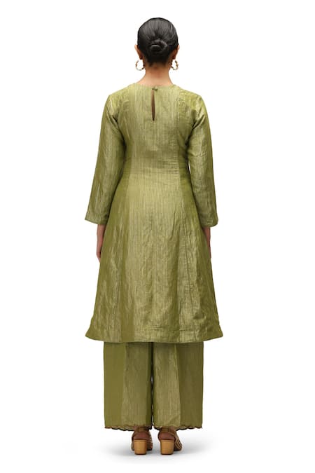 Shop Mimamsaa Green Muslin, Chiffon, Silk Embroidery, Zari Keya Striped Kurta Palazzo Set at Aza Fashions Shop_Mimamsaa_Green Muslin, Chiffon, Silk Embroidery, Zari Keya Striped Kurta Palazzo Set _at_Aza_Fashions