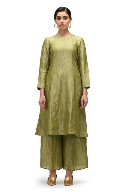Mimamsaa Green Muslin, Chiffon, Silk Embroidery, Zari Keya Striped Kurta Palazzo Set Online at Aza Fashions Mimamsaa_Green Muslin, Chiffon, Silk Embroidery, Zari Keya Striped Kurta Palazzo Set _Online_at_Aza_Fashions