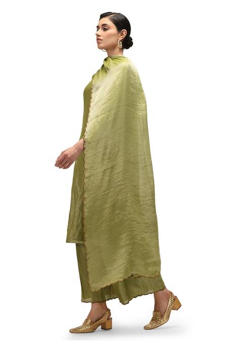 Shop Mimamsaa Green Muslin, Chiffon, Silk Embroidery, Zari Keya Striped Kurta Palazzo Set Online at Aza Fashions Shop_Mimamsaa_Green Muslin, Chiffon, Silk Embroidery, Zari Keya Striped Kurta Palazzo Set _Online_at_Aza_Fashions