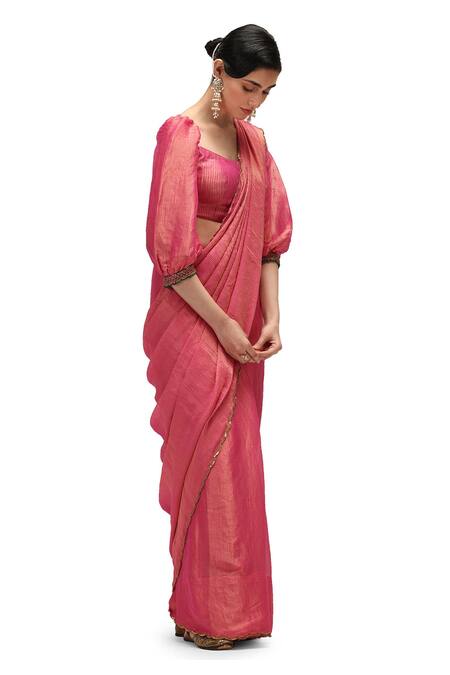 Shop Mimamsaa Pink Chiffon, Silk, Maheshwari Zari, Embroidery Kumud Striped Saree With Blouse Online at Aza Fashions Shop_Mimamsaa_Pink Chiffon, Silk, Maheshwari Zari, Embroidery Kumud Striped Saree With Blouse _Online_at_Aza_Fashions