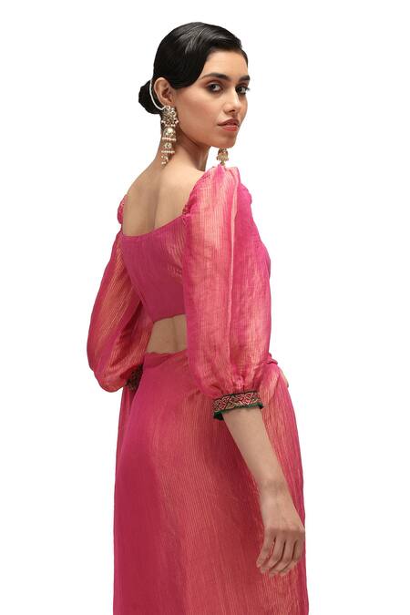 Shop Mimamsaa Pink Munga Silk Woven Striped Deep Round Neck Kumud Blouse at Aza Fashions Shop_Mimamsaa_Pink Munga Silk Woven Striped Deep Round Neck Kumud Blouse _at_Aza_Fashions