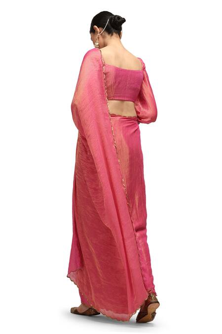 Mimamsaa Pink Munga Silk Woven Striped Deep Round Neck Kumud Blouse Online at Aza Fashions Mimamsaa_Pink Munga Silk Woven Striped Deep Round Neck Kumud Blouse _Online_at_Aza_Fashions