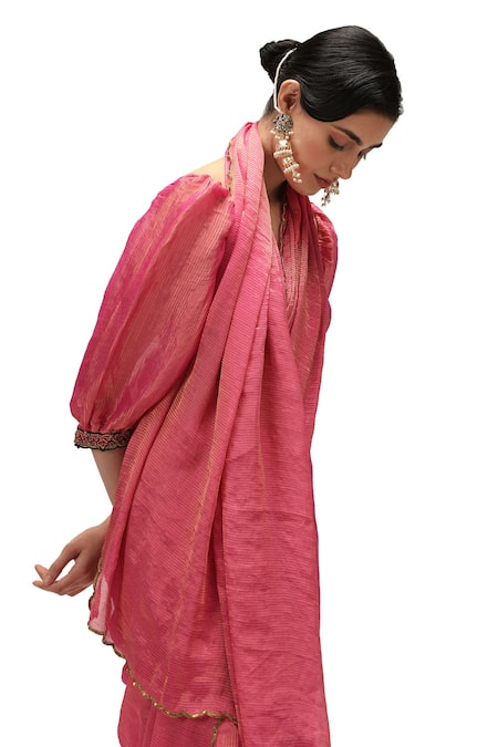 Mimamsaa Pink Munga Silk Woven Striped Deep Round Neck Kumud Blouse at Aza Fashions Mimamsaa_Pink Munga Silk Woven Striped Deep Round Neck Kumud Blouse _at_Aza_Fashions