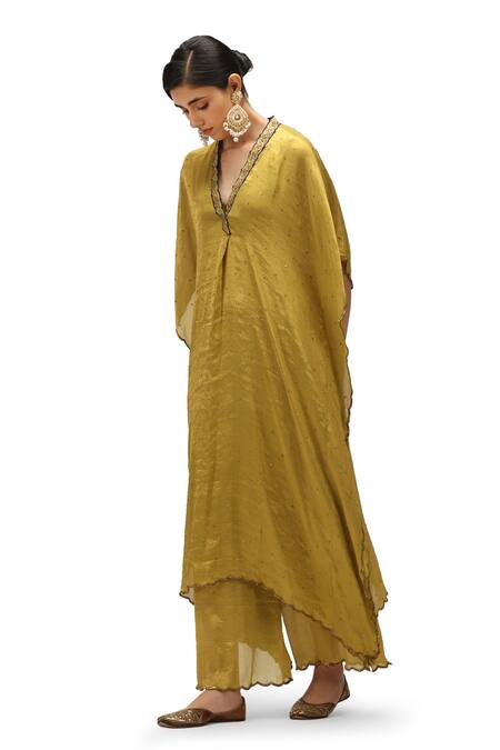 Mimamsaa Green Chiffon Silk Woven V Neck Lavanya Spluttered Sequin Work Kaftan Set Online at Aza Fashions Mimamsaa_Green Chiffon Silk Woven V Neck Lavanya Spluttered Sequin Work Kaftan Set _Online_at_Aza_Fashions