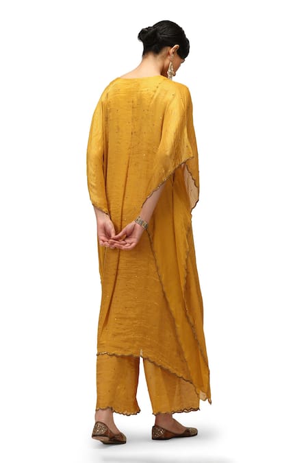 Shop Mimamsaa Yellow Chiffon Silk Woven V Manjari Zari Striped Sequin Embellished Kaftan Set at Aza Fashions Shop_Mimamsaa_Yellow Chiffon Silk Woven V Manjari Zari Striped Sequin Embellished Kaftan Set _at_Aza_Fashions
