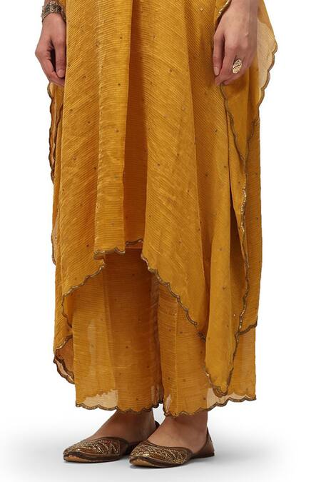 Mimamsaa Yellow Chiffon Silk Woven V Manjari Zari Striped Sequin Embellished Kaftan Set Online at Aza Fashions Mimamsaa_Yellow Chiffon Silk Woven V Manjari Zari Striped Sequin Embellished Kaftan Set _Online_at_Aza_Fashions