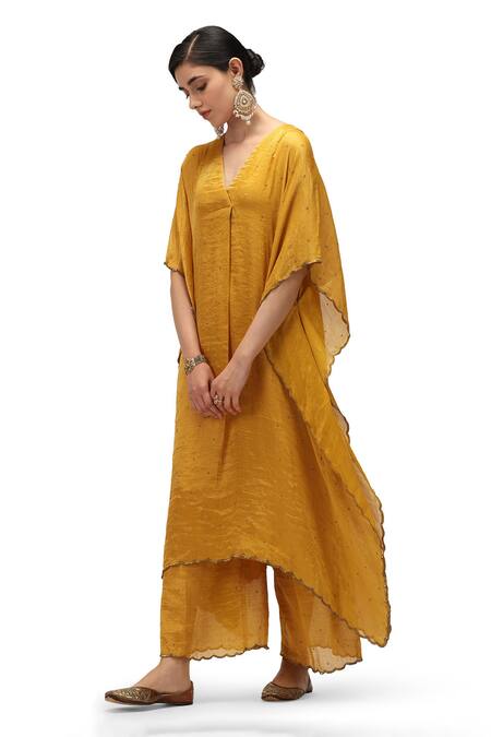 Shop Mimamsaa Yellow Chiffon Silk Woven V Manjari Zari Striped Sequin Embellished Kaftan Set Online at Aza Fashions Shop_Mimamsaa_Yellow Chiffon Silk Woven V Manjari Zari Striped Sequin Embellished Kaftan Set _Online_at_Aza_Fashions