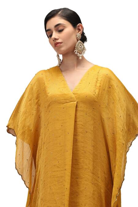 Mimamsaa Yellow Chiffon Silk Woven V Manjari Zari Striped Sequin Embellished Kaftan Set at Aza Fashions Mimamsaa_Yellow Chiffon Silk Woven V Manjari Zari Striped Sequin Embellished Kaftan Set _at_Aza_Fashions