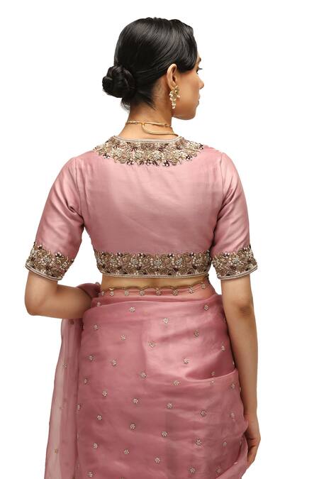 Shop Mimamsaa Pink Organza, Chanderi Silk Embroidery Nayantara Floret Saree With Blouse Shop_Mimamsaa_Pink Organza, Chanderi Silk Embroidery Nayantara Floret Saree With Blouse