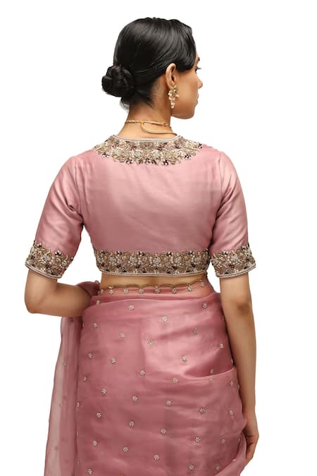 Shop Mimamsaa Pink Chanderi Silk Embroidery Bloom Garden V Neck Nayantara Blouse at Aza Fashions Shop_Mimamsaa_Pink Chanderi Silk Embroidery Bloom Garden V Neck Nayantara Blouse _at_Aza_Fashions
