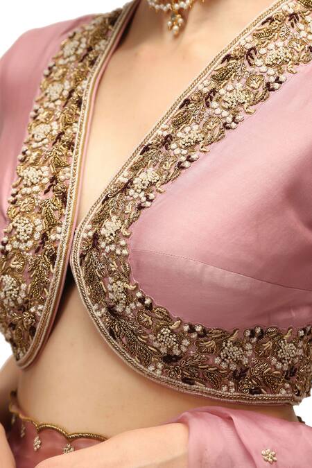 Mimamsaa Pink Chanderi Silk Embroidery Bloom Garden V Neck Nayantara Blouse Online at Aza Fashions Mimamsaa_Pink Chanderi Silk Embroidery Bloom Garden V Neck Nayantara Blouse _Online_at_Aza_Fashions