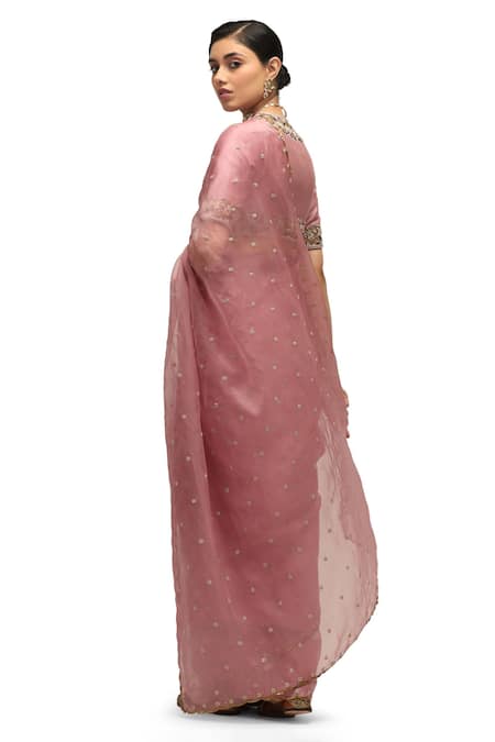 Shop Mimamsaa Pink Organza, Silk Embroidery Nayantara Floret Saree With Running Blouse at Aza Fashions Shop_Mimamsaa_Pink Organza, Silk Embroidery Nayantara Floret Saree With Running Blouse _at_Aza_Fashions