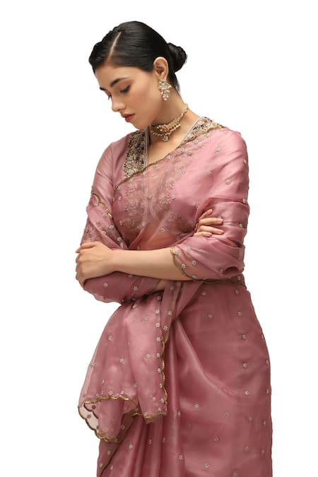 Shop Mimamsaa Pink Organza, Silk Embroidery Nayantara Floret Saree With Running Blouse Online at Aza Fashions Shop_Mimamsaa_Pink Organza, Silk Embroidery Nayantara Floret Saree With Running Blouse _Online_at_Aza_Fashions