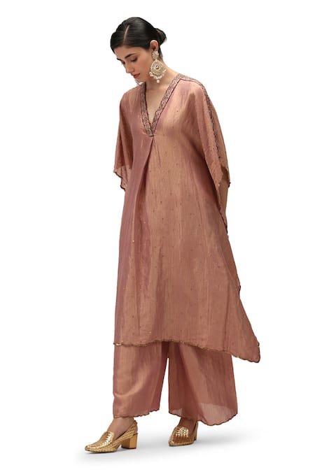 Mimamsaa Pink Munga Silk Woven V Nilima Zari Striped Sequin Embellished Kaftan With Pant Online at Aza Fashions Mimamsaa_Pink Munga Silk Woven V Nilima Zari Striped Sequin Embellished Kaftan With Pant _Online_at_Aza_Fashions