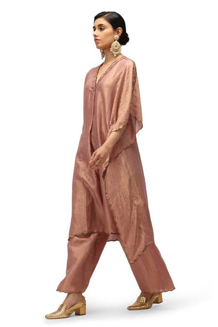 Shop Mimamsaa Pink Munga Silk Woven V Nilima Zari Striped Sequin Embellished Kaftan With Pant Online at Aza Fashions Shop_Mimamsaa_Pink Munga Silk Woven V Nilima Zari Striped Sequin Embellished Kaftan With Pant _Online_at_Aza_Fashions