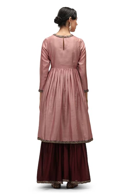 Shop Mimamsaa Pink Chanderi Silk Embroidery Round Ojaswini Bloom Border Anarkali With Sharara at Aza Fashions Shop_Mimamsaa_Pink Chanderi Silk Embroidery Round Ojaswini Bloom Border Anarkali With Sharara _at_Aza_Fashions