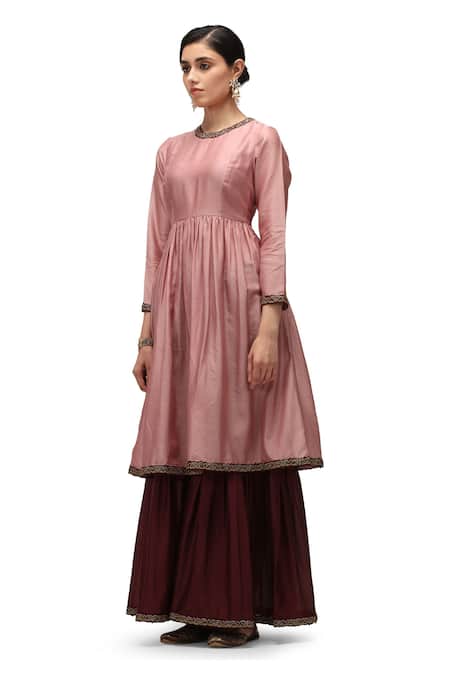 Mimamsaa Pink Chanderi Silk Embroidery Round Ojaswini Bloom Border Anarkali With Sharara Online at Aza Fashions Mimamsaa_Pink Chanderi Silk Embroidery Round Ojaswini Bloom Border Anarkali With Sharara _Online_at_Aza_Fashions
