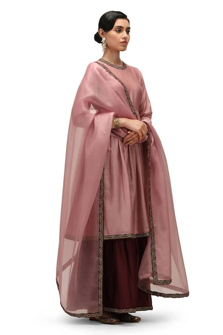 Mimamsaa Pink Chanderi Silk Embroidery Bloom Round Ojaswini Border Anarkali Sharara Set