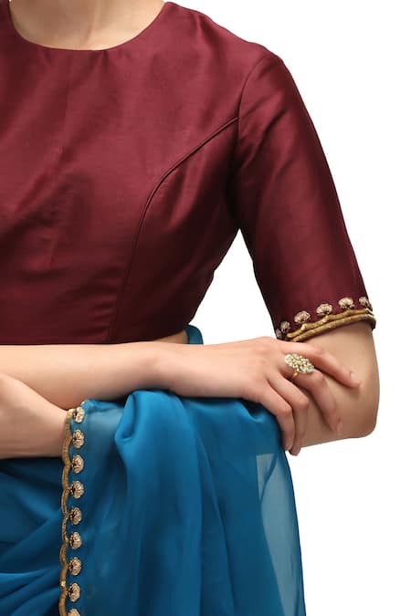 Shop Mimamsaa Brown Chanderi Silk Embroidery High Neck Padmini Blossom Border Blouse at Aza Fashions Shop_Mimamsaa_Brown Chanderi Silk Embroidery High Neck Padmini Blossom Border Blouse _at_Aza_Fashions