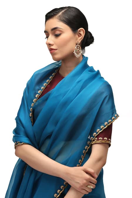 Shop Mimamsaa Blue Organza, Silk Embroidery Padmini Blossom Saree With Running Blouse at Aza Fashions Shop_Mimamsaa_Blue Organza, Silk Embroidery Padmini Blossom Saree With Running Blouse _at_Aza_Fashions