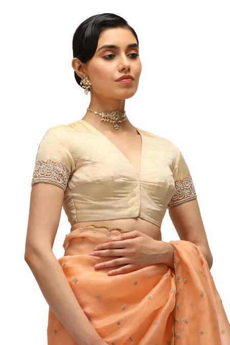 Mimamsaa Peach Organza, Silk, Tissue Pearls Pranjal Floret Embroidered Saree With Blouse Online at Aza Fashions Mimamsaa_Peach Organza, Silk, Tissue Pearls Pranjal Floret Embroidered Saree With Blouse _Online_at_Aza_Fashions