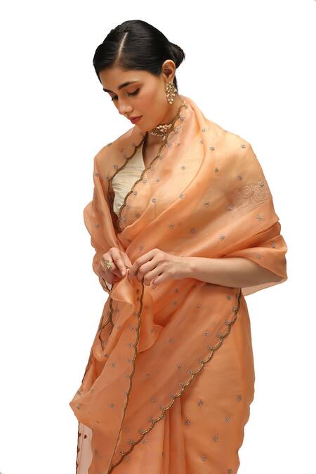 Buy Mimamsaa Peach Organza, Silk, Tissue Pearls Pranjal Floret Embroidered Saree With Blouse Online at Aza Fashions Buy_Mimamsaa_Peach Organza, Silk, Tissue Pearls Pranjal Floret Embroidered Saree With Blouse _Online_at_Aza_Fashions