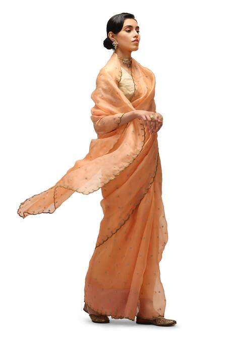 Mimamsaa Peach Organza, Silk, Tissue Pearls Pranjal Floret Embroidered Saree With Blouse at Aza Fashions Mimamsaa_Peach Organza, Silk, Tissue Pearls Pranjal Floret Embroidered Saree With Blouse _at_Aza_Fashions
