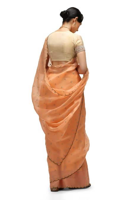 Shop Mimamsaa Peach Organza, Silk Embroidery Pranjal Pearl Floret Saree With Running Blouse at Aza Fashions Shop_Mimamsaa_Peach Organza, Silk Embroidery Pranjal Pearl Floret Saree With Running Blouse _at_Aza_Fashions