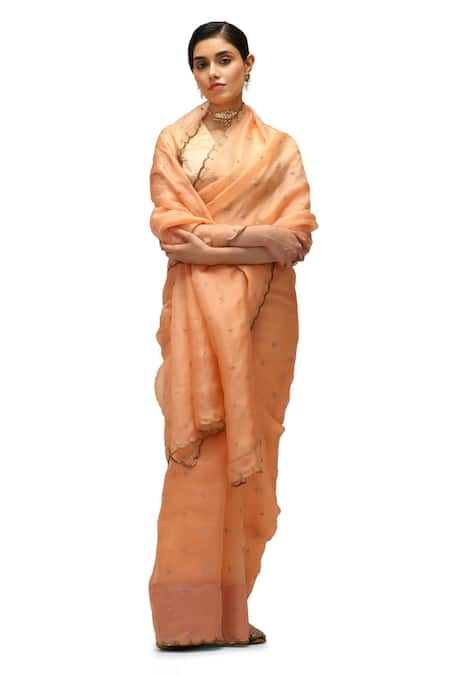 Buy Mimamsaa Peach Organza, Silk Embroidery Pranjal Pearl Floret Saree With Running Blouse Online at Aza Fashions Buy_Mimamsaa_Peach Organza, Silk Embroidery Pranjal Pearl Floret Saree With Running Blouse _Online_at_Aza_Fashions