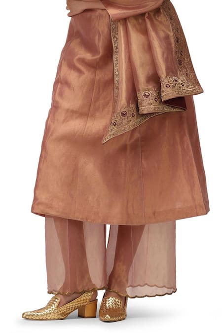 Buy_Mimamsaa_Rose Gold Tissue, Silk Embroidery, Sequins Round Neck Priti Anarkali Set _Online_at_Aza_Fashions