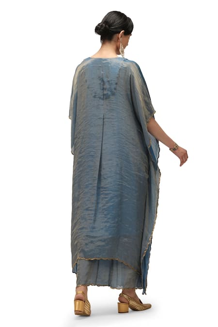 Shop_Mimamsaa_Blue Chiffon Silk Embroidered Sequin V-neck Adhira Kaftan Pant Set _at_Aza_Fashions