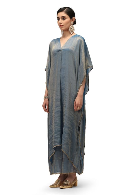Mimamsaa_Blue Chiffon Silk Embroidered Sequin V-neck Adhira Kaftan Pant Set _Online_at_Aza_Fashions