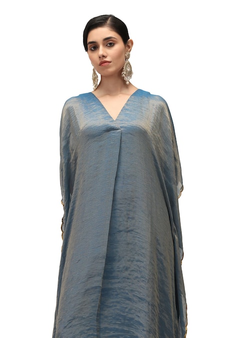 Buy_Mimamsaa_Blue Chiffon Silk Embroidered Sequin V-neck Adhira Kaftan Pant Set _Online_at_Aza_Fashions