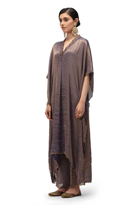 Mimamsaa_Blue Chiffon Silk Embroidered Sequin V-neck Amara Woven Kaftan Pant Set _Online_at_Aza_Fashions