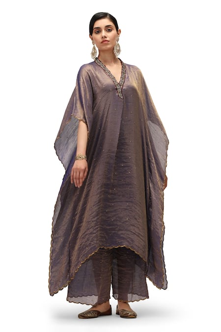 Buy_Mimamsaa_Blue Chiffon Silk Embroidered Sequin V-neck Amara Woven Kaftan Pant Set _Online_at_Aza_Fashions