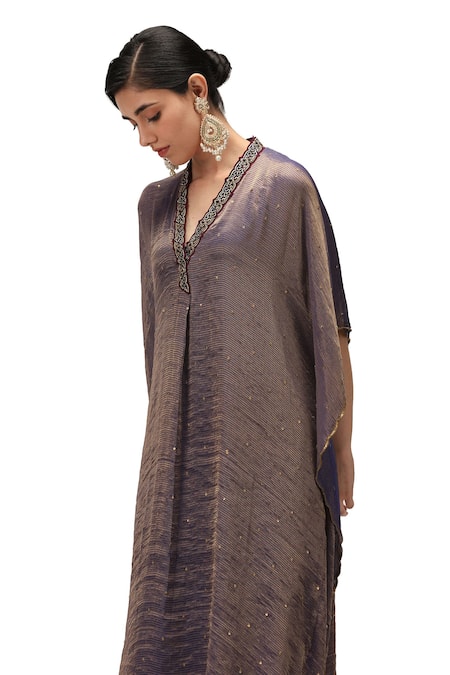 Shop_Mimamsaa_Blue Chiffon Silk Embroidered Sequin V-neck Amara Woven Kaftan Pant Set _Online_at_Aza_Fashions