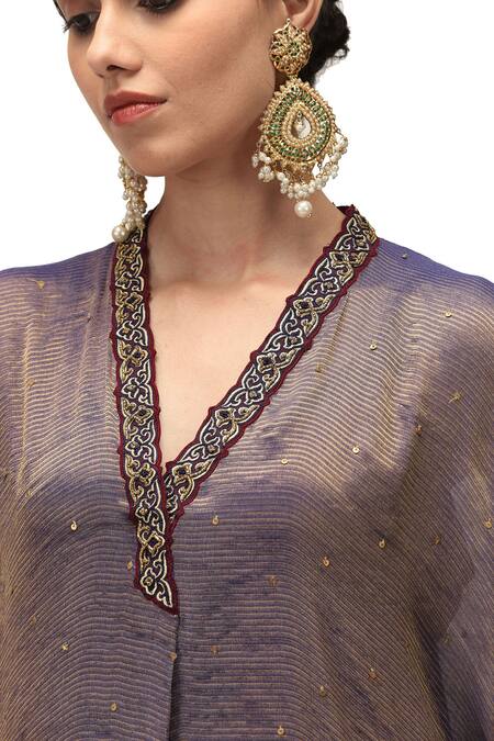 Buy_Mimamsaa_Blue Chiffon Silk Embroidered Sequin V-neck Amara Woven Kaftan Pant Set 