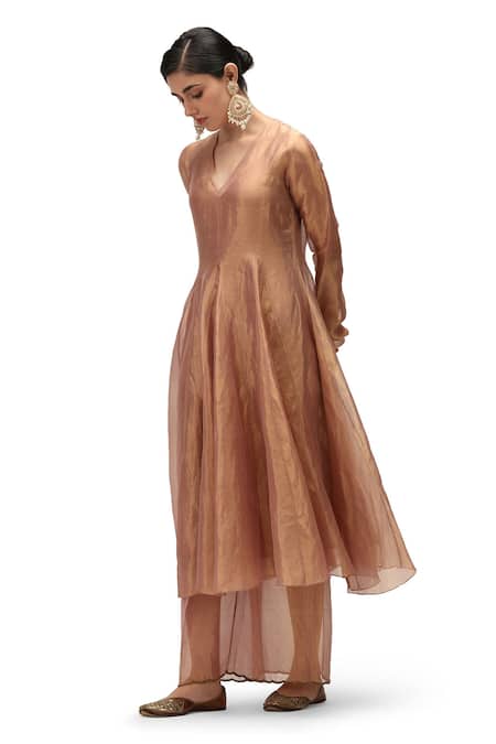 Mimamsaa Pink Tissue, Silk Sequins V-neck Amrita Embroidered Anarkali Pant Set Online at Aza Fashions Mimamsaa_Pink Tissue, Silk Sequins V-neck Amrita Embroidered Anarkali Pant Set _Online_at_Aza_Fashions