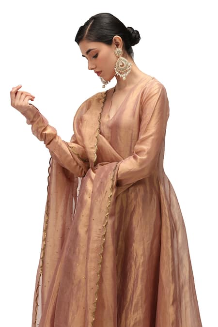 Shop Mimamsaa Pink Tissue, Silk Sequins V-neck Amrita Embroidered Anarkali Pant Set Online at Aza Fashions Shop_Mimamsaa_Pink Tissue, Silk Sequins V-neck Amrita Embroidered Anarkali Pant Set _Online_at_Aza_Fashions