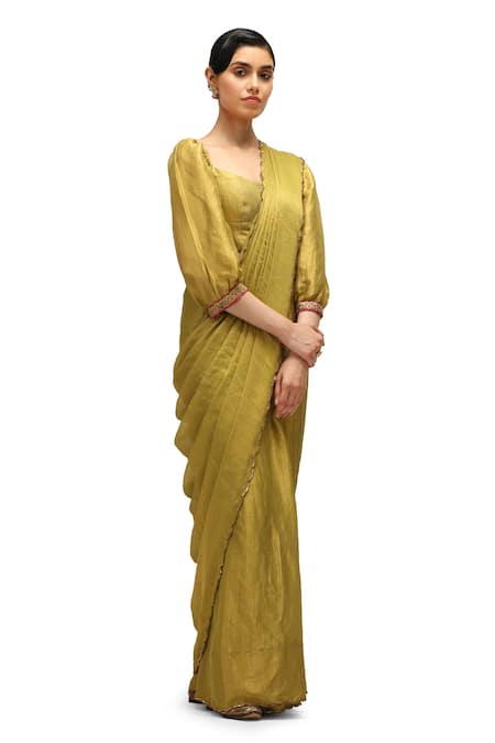 Mimamsaa Green Saree Chiffon Silk Zari Embroidered Sequin Square Anika With Blouse