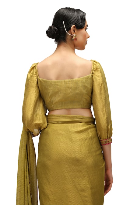 Shop Mimamsaa Green Munga Silk Zari Embroidered Sequin Square Neck Anika Blouse at Aza Fashions Shop_Mimamsaa_Green Munga Silk Zari Embroidered Sequin Square Neck Anika Blouse _at_Aza_Fashions