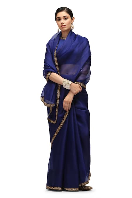 Mimamsaa Blue Saree Organza Silk Embroidered Sequin Closed Neck Charulata With Blouse
