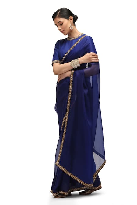 Shop Mimamsaa Blue Organza, Muslin Sequins Collared Charulata Embroidered Saree With Blouse at Aza Fashions Shop_Mimamsaa_Blue Organza, Muslin Sequins Collared Charulata Embroidered Saree With Blouse _at_Aza_Fashions