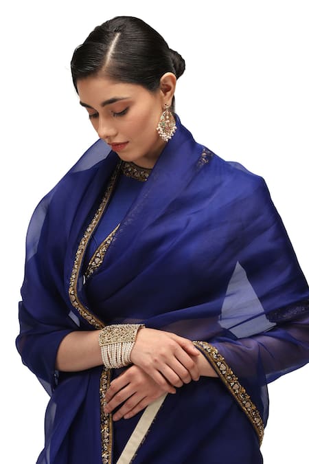 Mimamsaa Blue Organza, Muslin Sequins Collared Charulata Embroidered Saree With Blouse Online at Aza Fashions Mimamsaa_Blue Organza, Muslin Sequins Collared Charulata Embroidered Saree With Blouse _Online_at_Aza_Fashions