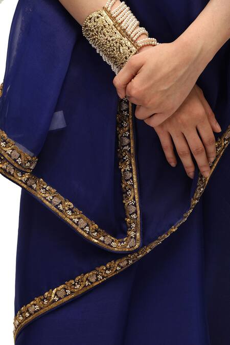 Shop Mimamsaa Blue Organza, Muslin Sequins Collared Charulata Embroidered Saree With Blouse Online at Aza Fashions Shop_Mimamsaa_Blue Organza, Muslin Sequins Collared Charulata Embroidered Saree With Blouse _Online_at_Aza_Fashions