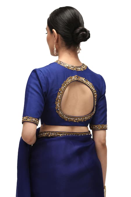 Shop Mimamsaa Blue Munga Silk Embroidered Sequin Closed Neck Charulata Blouse at Aza Fashions Shop_Mimamsaa_Blue Munga Silk Embroidered Sequin Closed Neck Charulata Blouse _at_Aza_Fashions